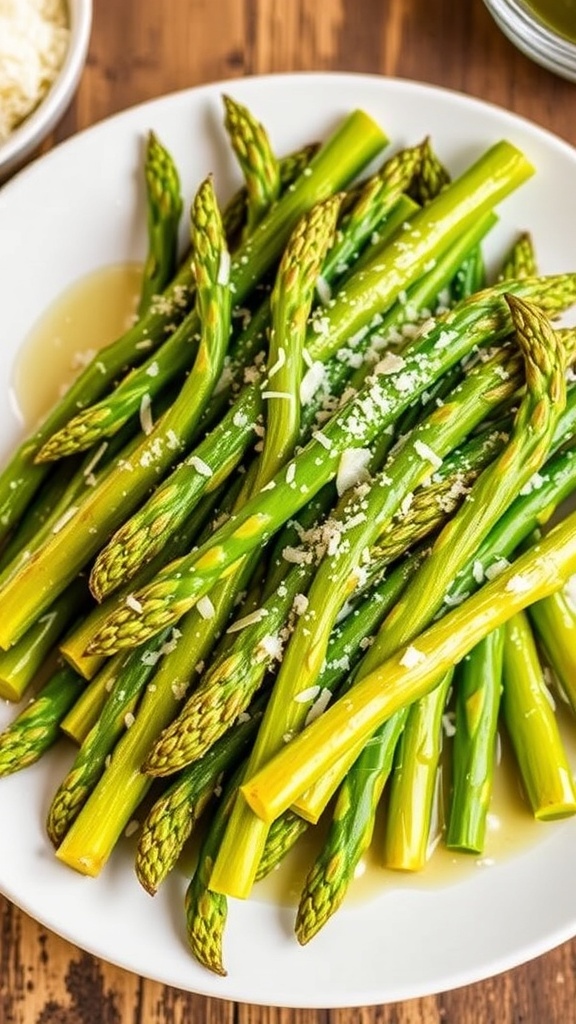 Crispy air fryer baby asparagus garnished with Parmesan cheese on a rustic wooden table.